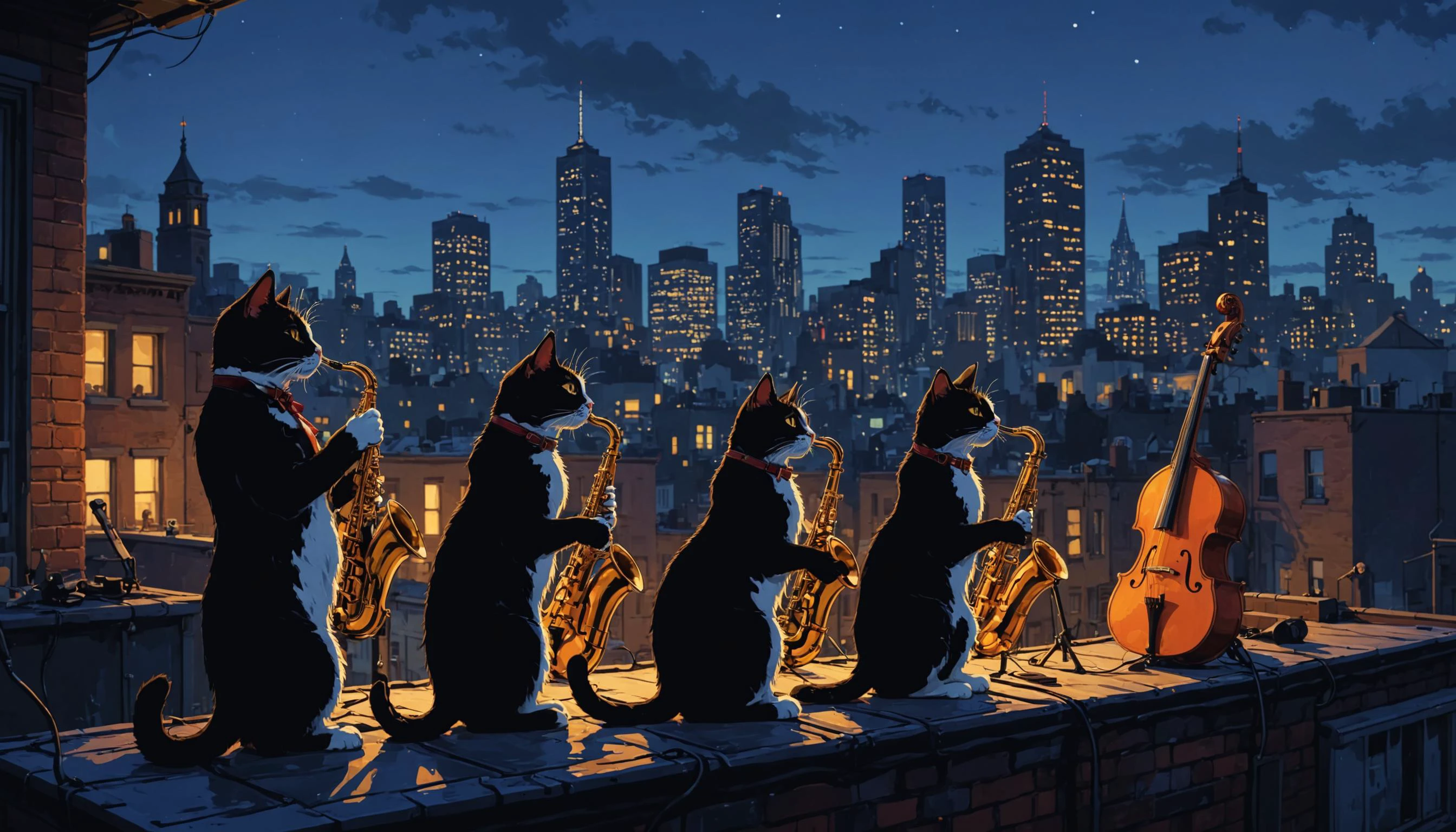 impactful color paint of A jazz band of cats playing a rooftop concert under city lights <lora:Modern_Cartoon_Style:0.6>, highly detailed, vibrant colors , 8k, sharp, professional, clear, high contrast, high saturated, , vivid deep blacks, crystal clear