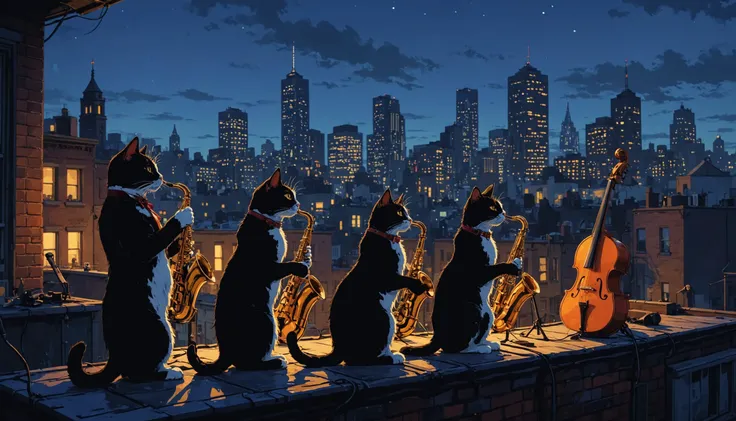 impactful color paint of  A jazz band of cats playing a rooftop concert under city lights  <lora:Modern_Cartoon_Style:0.6>,    highly detailed,  vibrant colors , 8k,   sharp,  professional, clear,   high contrast, high saturated, , vivid deep blacks, crystal clear