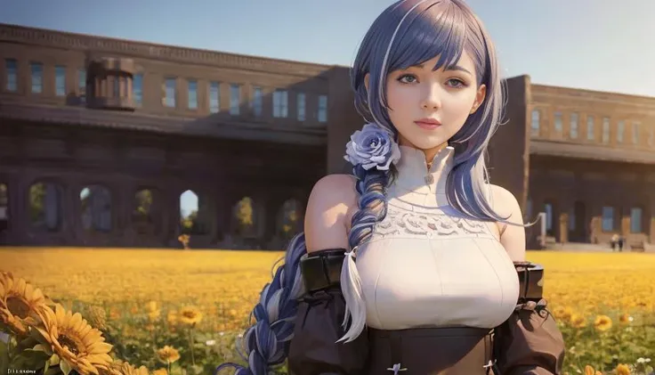 (((flower style))), (advntr), (1woman), (((solo))), (realistic:1.5), photorealistic, octane render, detailed face, detailed eyes, ((jacket)), very long hair, blue hair, blue eyes, (Ulzzang-6500), model pose, (standing), (outdoors), public area, pedestrian, (rose field the background ), <lora:dp12GirlsFrontline_20:1.3>