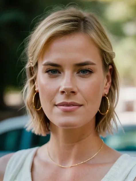 Realistic photo of a beautiful 4b1g41lh woman,  1girl, solo, looking at viewer, smile, short hair, blue eyes, blonde hair, dress, bare shoulders, jewelry, collarbone, earrings, lips, portrait, realistic, soft lighting, professional Photography, Photorealistic, detailed, RAW, analog, sharp focus, 8k, HD, DSLR, high quality, Fujifilm XT3, film grain, award winning, masterpiece<lora:4b1g41lh:1.0>
