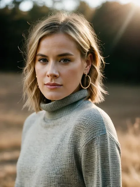 Realistic photo of a beautiful 4b1g41lh woman, 1girl, solo, looking at viewer, short hair, blonde hair, long sleeves, holding, jewelry, closed mouth, earrings, sweater, lips, turtleneck, sunlight, realistic, soft lighting, professional Photography, Photorealistic, detailed, RAW, analog, sharp focus, 8k, HD, DSLR, high quality, Fujifilm XT3, film grain, award winning, masterpiece<lora:4b1g41lh:1.0>