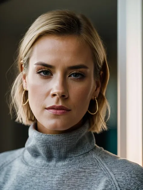 Realistic photo of a beautiful 4b1g41lh woman, 1girl, solo, looking at viewer, short hair, blonde hair, long sleeves, holding, jewelry, closed mouth, earrings, sweater, lips, turtleneck, lamp light, indoors, realistic, soft lighting, professional Photography, Photorealistic, detailed, RAW, analog, sharp focus, 8k, HD, DSLR, high quality, Fujifilm XT3, film grain, award winning, masterpiece<lora:4b1g41lh:1.0>