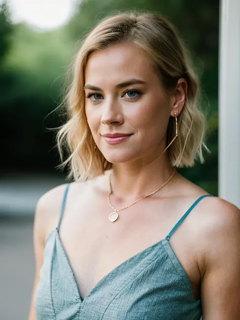 Realistic photo of a beautiful 4b1g41lh woman, 1girl, solo, looking at viewer, smile, short hair, blue eyes, blonde hair, dress, bare shoulders, jewelry, collarbone, earrings, lips, portrait, realistic, soft lighting, professional Photography, Photorealistic, detailed, RAW, analog, sharp focus, 8k, HD, DSLR, high quality, Fujifilm XT3, film grain, award winning, masterpiece<lora:4b1g41lh:1.0>