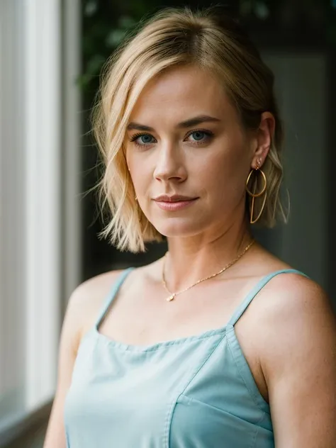 Realistic photo of a beautiful 4b1g41lh woman, 1girl, solo, looking at viewer, short hair, blue eyes, blonde hair, dress, bare shoulders, jewelry, earrings, sleeveless, armpits, blurry, arm up, lips, hand on hip, blurry background, arm behind head, realistic, soft lighting, professional Photography, Photorealistic, detailed, RAW, analog, sharp focus, 8k, HD, DSLR, high quality, Fujifilm XT3, film grain, award winning, masterpiece<lora:4b1g41lh:1.0>