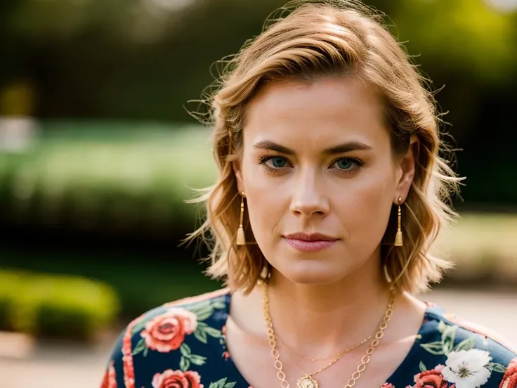 Realistic photo of a beautiful 4b1g41lh woman, 1girl, solo, looking at viewer, short hair, blue eyes, blonde hair, jewelry, sitting, earrings, pants, necklace, lips, traditional media, floral print, realistic, soft lighting, professional Photography, Photorealistic, detailed, RAW, analog, sharp focus, 8k, HD, DSLR, high quality, Fujifilm XT3, film grain, award winning, masterpiece<lora:4b1g41lh:1.0>
