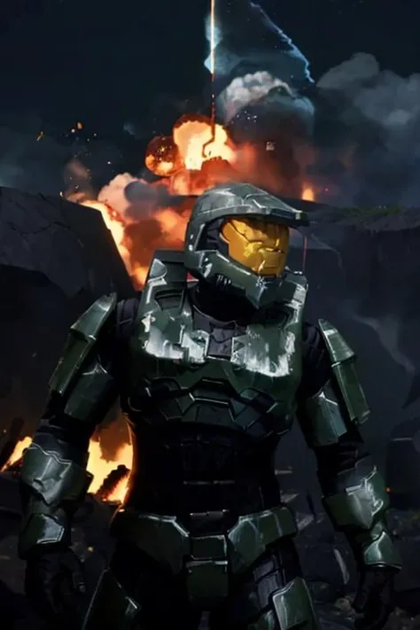 beamemitter, masterchief1, Explosion Artstyle, superarmorsuit, black, dark, haloarmor, background Exploding fire smoke, <lora:Beam Emitter (Halo) LoRA v1:1> <lora:MasterChief Halo 2A LORA:0.75> <lora:Blow it up! - (Explosion Artstyle):1>, veiling luminance , chiaroscuro, complementary colors,