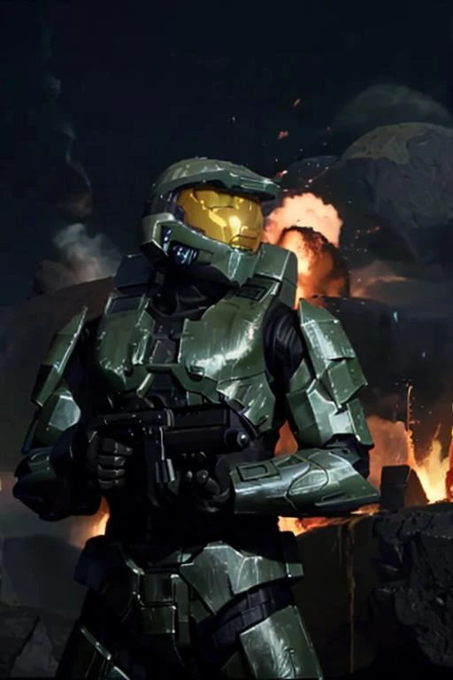 beamemitter, masterchief1, Explosion Artstyle, superarmorsuit, black, dark, haloarmor, background Exploding fire smoke, <lora:Beam Emitter (Halo) LoRA v1:1>  <lora:MasterChief Halo 2A LORA:0.75>  <lora:Blow it up! - (Explosion Artstyle):1>, veiling luminance , chiaroscuro, complementary colors,