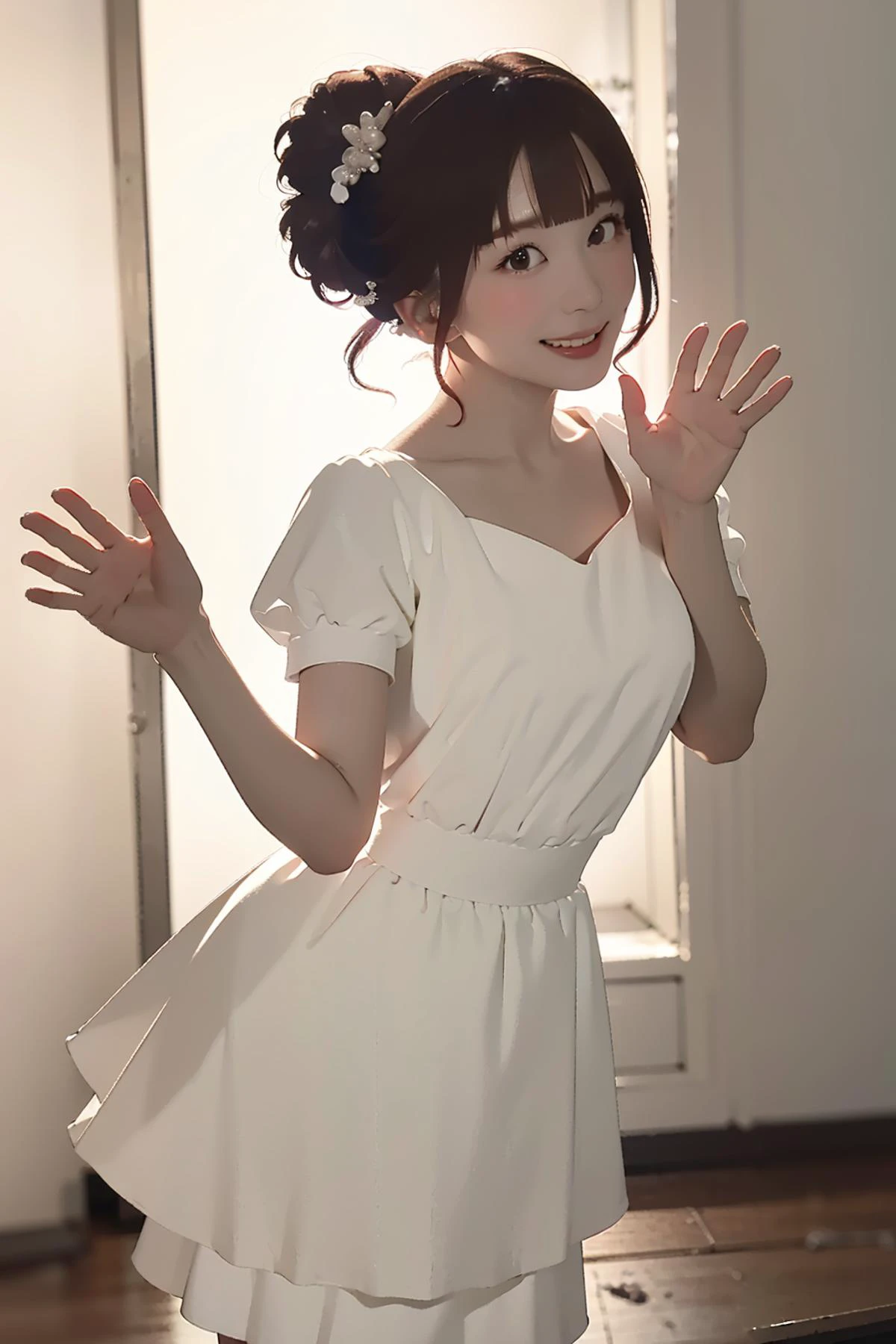 best quality, ultra-detailed, illustration, (detailed clothes features), on the stage, short skirt
<lora:flat2:1>, <lora:add_detail:-1.2>
1girl, red hair, looking at viewer, Lips slightly open, (half updo:1.5), wavy hair , (side bangs:1.5), standing, white Short wedding dress, <lora:sakuragawamegu_lora:1.45>, short sleeves, waving