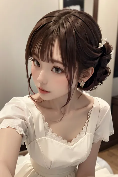 best quality, ultra-detailed, illustration,  (detailed clothes features), short skirt
1girl, red hair, looking at viewer, Lips slightly open, (half updo:1.5), wavy hair , (side bangs:1.5), standing, white Short wedding dress, short sleeves, waving,  <lora:sakuragawamegu_lora:1>