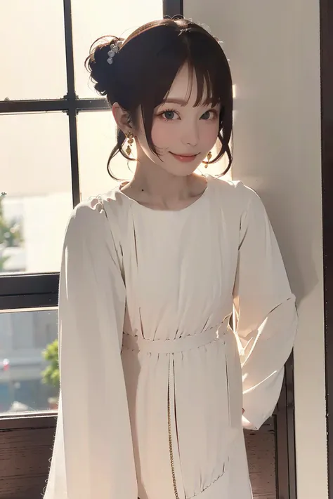 masterpiece, best quality, highly detailed,
(((solo))), (((1girls))), black eyes, earrings, wavy hair, <lora:flat2:1> <lora:add_detail:-1>, looking at viewer, (bangs:1.5), (single eyelid:1.5), suspender dress, Bangs, (half updo:1.5), long sleeves, smile, (closed mouth:1.5)
 <lora:sakuragawamegu_lora:1.3>, standing,  <lora:GoodHands-vanilla:0.8>