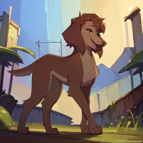 <lora:Sasha La Fleur:1>, sasha la fleur, solo, looking at viewer, smile, open mouth, standing, full body, teeth, tongue, from side, no humans, half-closed eyes, animal focus, canine, domestic dog, brown hair, brown fur, body fur, green eyes, black pupils, female, (((feral))), 1girl, outside, detailed background, trees, blue sky, grass, (masterpiece, best quality:1.2), 4k, professional, long tail, analog style, animal paws, retro style, retro artstyle, uploaded on e621, (((by Faustsketcher, by Buta99, by Duskihorns, by Redishdragie)))