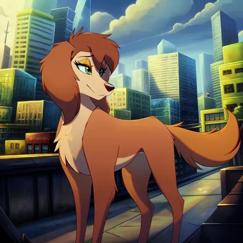 <lora:Sasha la fleur:1>, sasha la fleur, solo, standing, no humans, canine, domestic dog, brown hair, brown fur, body fur, green eyes, black pupils, female, feral, outside, city, blue sky, day, detailed background, highly detailed, 4k,