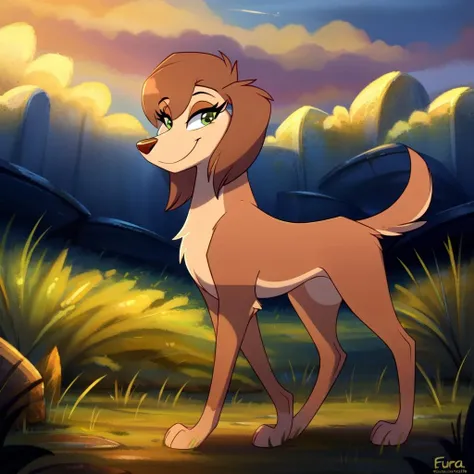 <lora:Sasha la fleur:1>, sasha la fleur, solo, smile, closed mouth, standing, full body, from side, no humans, profile, canine, domestic dog, brown hair, brown fur, body fur, green eyes, black pupils, female, feral, detailed background, highly detailed, 4k, tail animal paws, 1girl, perfect eyes, outside, grass, sky, day,