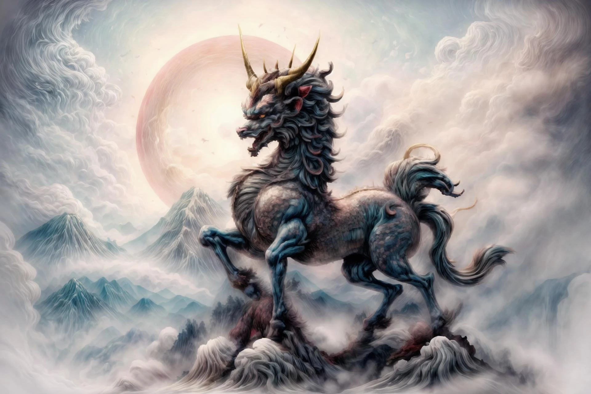 best quality, 8k, <lora:qilin:1> qilin standing on a cloud, white cloud under hoof, clouds and mountain on background <lora:dan_mumford-18:0.4> danmumford_soul3142 <lora:add_detail:0.7>