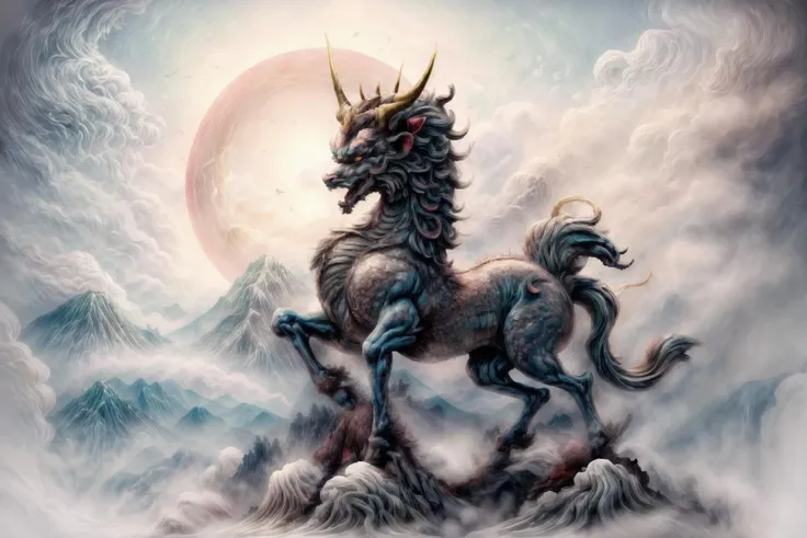 best quality, 8k, <lora:qilin:1> qilin standing on a cloud,  white cloud under hoof, clouds and mountain on background <lora:dan_mumford-18:0.4> danmumford_soul3142 <lora:add_detail:0.7>