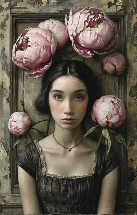 masterpiece,best quality,<lora:tbh163-sdxl:0.9>,illustration,style of Mike Worrall, decaying peonies