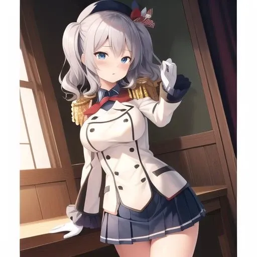 (masterpiece, best quality:1.2),illustration,8k,hd,1girl,solo,blush,grey hair,blue eyes,wavy hair,twin tails,tsurime,beret,epaulettes,frilled sleeves,jacket,large breasts,long sleeves,military uniform,miniskirt,pleated skirt,red neckerchief,white gloves,anchor,<lora:Kashima>,