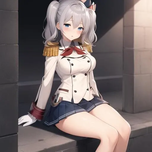 (masterpiece, best quality:1.2),illustration,8k,hd,1girl,solo,blush,grey hair,blue eyes,wavy hair,twin tails,tsurime,beret,epaulettes,frilled sleeves,jacket,large breasts,long sleeves,military uniform,miniskirt,pleated skirt,red neckerchief,white gloves,anchor,<lora:Kashima>,