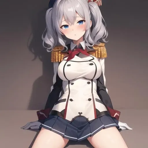 (masterpiece, best quality:1.2),illustration,8k,hd,1girl,solo,blush,grey hair,blue eyes,wavy hair,twin tails,tsurime,beret,epaulettes,frilled sleeves,jacket,large breasts,long sleeves,military uniform,miniskirt,pleated skirt,red neckerchief,white gloves,anchor,<lora:Kashima>,