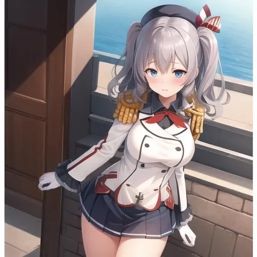 (masterpiece, best quality:1.2),illustration,8k,hd,1girl,solo,blush,grey hair,blue eyes,wavy hair,twin tails,tsurime,beret,epaulettes,frilled sleeves,jacket,large breasts,long sleeves,military uniform,miniskirt,pleated skirt,red neckerchief,white gloves,anchor,<lora:Kashima>,