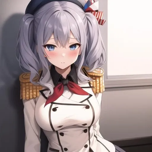 (masterpiece, best quality:1.2),illustration,8k,hd,1girl,solo,upper body,blush,grey hair,blue eyes,wavy hair,twin tails,tsurime,beret,epaulettes,frilled sleeves,jacket,large breasts,long sleeves,military uniform,miniskirt,pleated skirt,red neckerchief,white gloves,anchor,<lora:Kashima>,