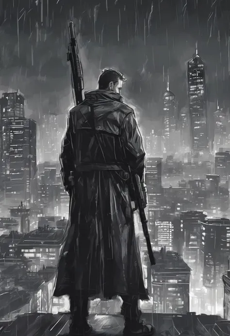 rough brushy digital painting, sketch, a man in a long overcoat with a sniper rifle standing on a rooftop looking out over a city skyline, telescopic sight, skyscrapers, rooftop, rain, clouds, night, neon, cyberpunk,