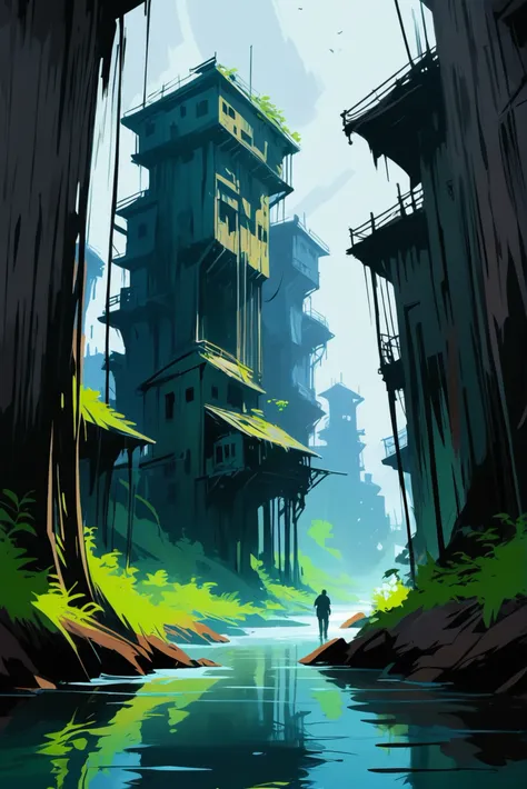 rough brushy digital painting, sketch, vertical,ruined scifi town in a Kelp Forest<lora:EnvyStarlightDigitalPainting05:1>