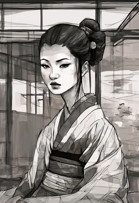 rough brushy digital painting, sketch, a Japanese geisha in a teahouse, Edo, night, darkness