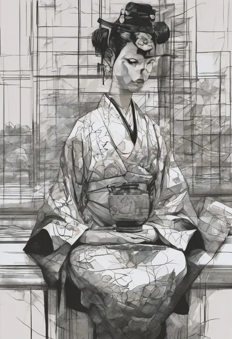 rough brushy digital painting, sketch, a Japanese geisha in a teahouse, Edo, night, darkness