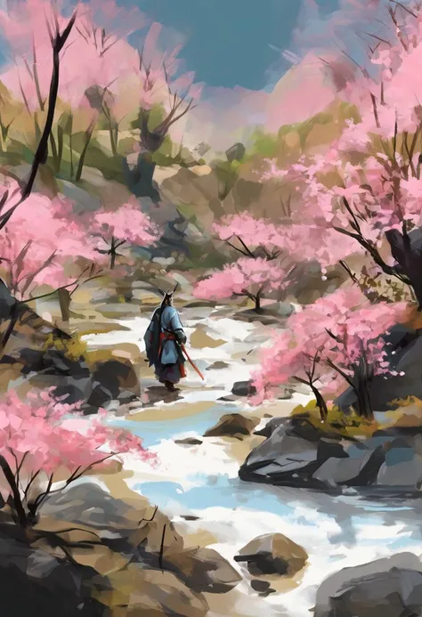 rough brushy digital painting, sketch, Japanese Samurai warrior in armor, zen garden, spring, sunshine, sakura, meditation, stream, rock garden,