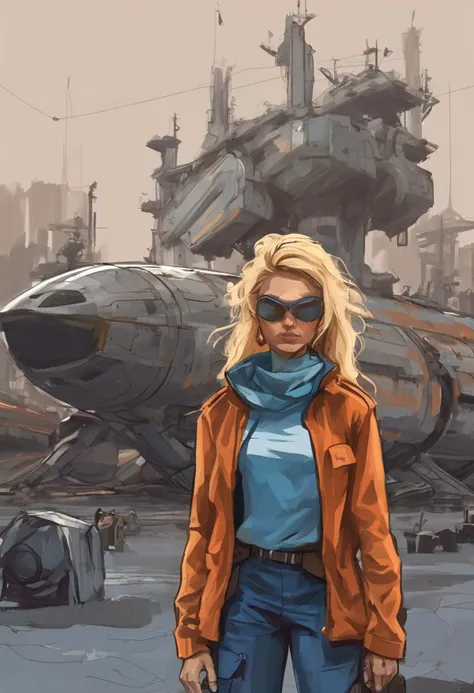 rough brushy digital painting, sketch, a young female starship pilot stood next to a rusty spaceship in a cargo port, distant city, planetary rings, overalls, long blonde hair, goggles,