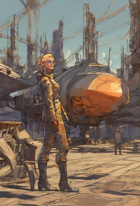 rough brushy digital painting, sketch, a young female starship pilot stood next to a rusty spaceship in a cargo port, distant city, planetary rings, overalls, long blonde hair, goggles,