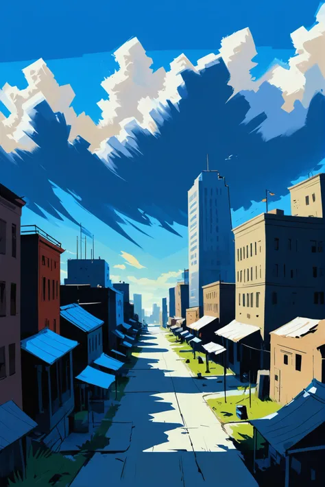 rough brushy digital painting, sketch, morning, blue sky, clouds, scenery, unusual Paleocore metropolis<lora:EnvyStarlightDigitalPainting05:1>