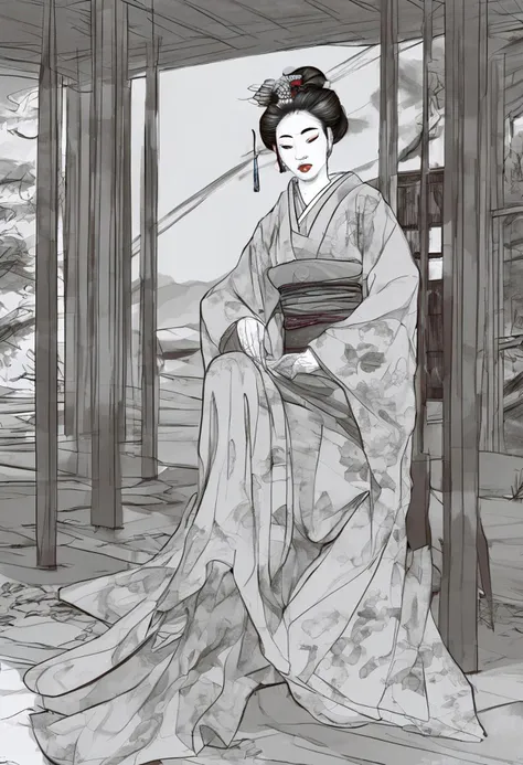 rough brushy digital painting, sketch, a Japanese geisha in a teahouse, Edo, night, darkness