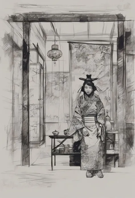 rough brushy digital painting, sketch, a Japanese geisha in a teahouse, Edo, night, darkness