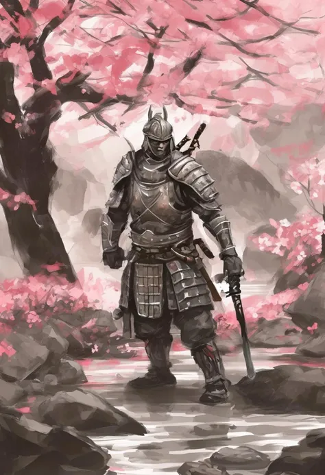 rough brushy digital painting, sketch, Japanese Samurai warrior in armor, zen garden, spring, sunshine, sakura, meditation, stream, rock garden,