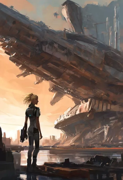 rough brushy digital painting, sketch, a young female starship pilot stood next to a rusty spaceship in a cargo port, distant city, planetary rings, overalls, long blonde hair, goggles,