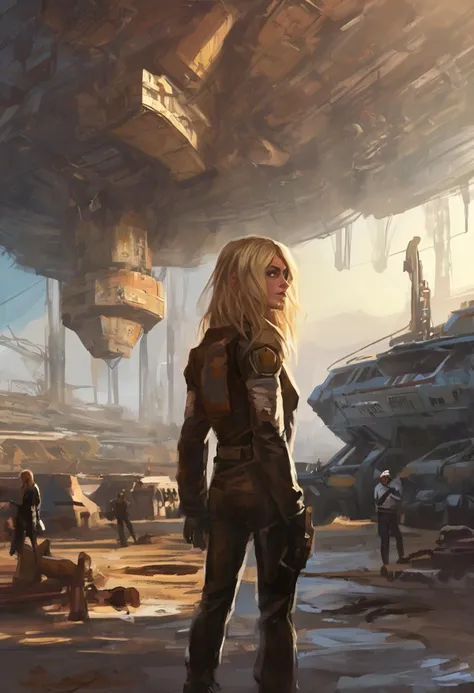 rough brushy digital painting, sketch, a young female starship pilot stood next to a rusty spaceship in a cargo port, distant city, planetary rings, overalls, long blonde hair, goggles,