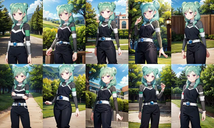 masterpiece, best quality, highres, aabeta, armband, sportswear, double bun, black shirt, belt, black pants, <lora:beta_v1:0.7>, outdoors, cowboy shot, standing, outdoors