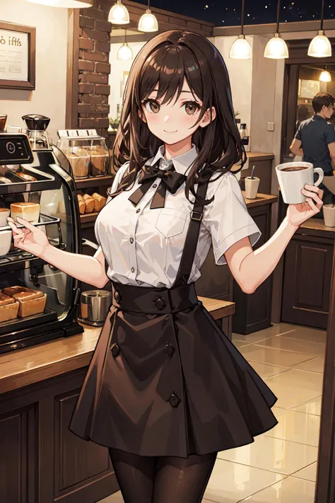 Masterpiece, best quality, perfect lighting, 1girl, solo, dark brown hair, white shirt, skirt, brown pantyhose, barista uniform, cafe scene, nighttime, blush, smile,