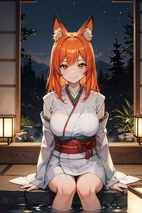 Masterpiece, best quality, perfect lighting, 1girl, solo, orange hair, fox ears, large breasts, onsen scene, kimono, smug, smile, nighttime, ambient lighting, sitting, upper body pov,