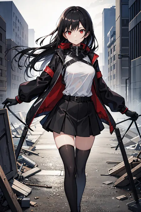 1girl, masterpiece, highest quality, best quality, , highly detailed, best illustration, glowing hair, ray tracing, semi realistic, Lucia, black hair, red eyes, multicolored hair, twintails, leaning forward, standing, looking at viewer, holding weapon, sword