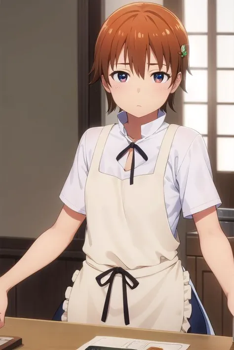 mahiruinami, <lora:mahiru inami s2-lora-nochekaiser:1>,
mahiru inami, short hair, brown hair, hair ornament, (brown eyes:1.3), orange hair, hairpin,
BREAK apron, waitress,
BREAK indoors, restaurant,
BREAK looking at viewer, (cowboy shot:1.5),
BREAK <lyco:GoodHands-beta2:1>, (masterpiece:1.2), best quality, high resolution, unity 8k wallpaper, (illustration:0.8), (beautiful detailed eyes:1.6), extremely detailed face, perfect lighting, extremely detailed CG, (perfect hands, perfect anatomy),