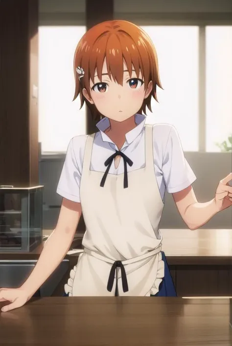 mahiruinami, <lora:mahiru inami s2-lora-nochekaiser:1>,
mahiru inami, short hair, brown hair, hair ornament, (brown eyes:1.3), orange hair, hairpin,
BREAK apron, waitress,
BREAK indoors, restaurant,
BREAK looking at viewer, (cowboy shot:1.5),
BREAK <lyco:GoodHands-beta2:1>, (masterpiece:1.2), best quality, high resolution, unity 8k wallpaper, (illustration:0.8), (beautiful detailed eyes:1.6), extremely detailed face, perfect lighting, extremely detailed CG, (perfect hands, perfect anatomy),