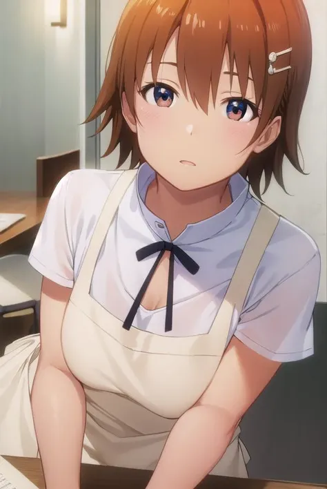 mahiruinami, <lora:mahiru inami s2-lora-nochekaiser:1>,
mahiru inami, short hair, brown hair, hair ornament, (brown eyes:1.3), orange hair, hairpin,
BREAK apron, waitress,
BREAK indoors, restaurant,
BREAK looking at viewer, (cowboy shot:1.5),
BREAK <lyco:GoodHands-beta2:1>, (masterpiece:1.2), best quality, high resolution, unity 8k wallpaper, (illustration:0.8), (beautiful detailed eyes:1.6), extremely detailed face, perfect lighting, extremely detailed CG, (perfect hands, perfect anatomy),