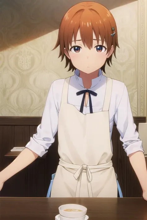 mahiruinami, <lora:mahiru inami s2-lora-nochekaiser:1>,
mahiru inami, short hair, brown hair, hair ornament, (brown eyes:1.3), orange hair, hairpin,
BREAK apron, waitress,
BREAK indoors, restaurant,
BREAK looking at viewer, (cowboy shot:1.5),
BREAK <lyco:GoodHands-beta2:1>, (masterpiece:1.2), best quality, high resolution, unity 8k wallpaper, (illustration:0.8), (beautiful detailed eyes:1.6), extremely detailed face, perfect lighting, extremely detailed CG, (perfect hands, perfect anatomy),