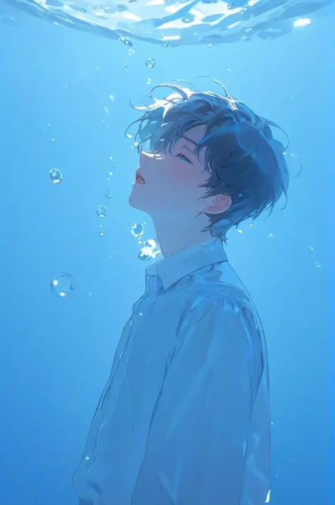 (masterpiece,best quality,ultra_detailed,highres,absurdres:1.2), blue color, a boy under water and closed eyes,wear white collared shirt,depth_of_field,(long neck looking up:1.2),bubble,(one hand up:1.2), Complementary color,short messy_hair,light eyes,strong rim light,highres<lora:krmaleface-4-sdxl:1>
