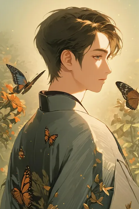 (masterpiece,best quality,ultra_detailed,highres,absurdres:1.2), Man in his 20s, kimono, flowers,( butterflies:1.2), butterfly, flower, male focus, bug<lora:krmaleface-4-sdxl:1>