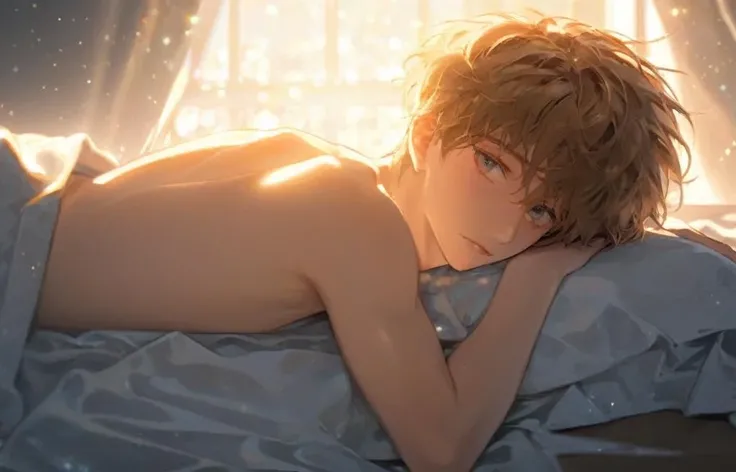 (masterpiece,best quality,ultra_detailed,highres,absurdres:1.2),depth_of_field ,holo and blend,halftone,Complementary color,a nude boy with short messy_hair show Naked Back,light eyes,lying on bed sheet,strong rim light,highres, film_grain,windowsill,light_particles<lora:krmaleface-4-sdxl:1>