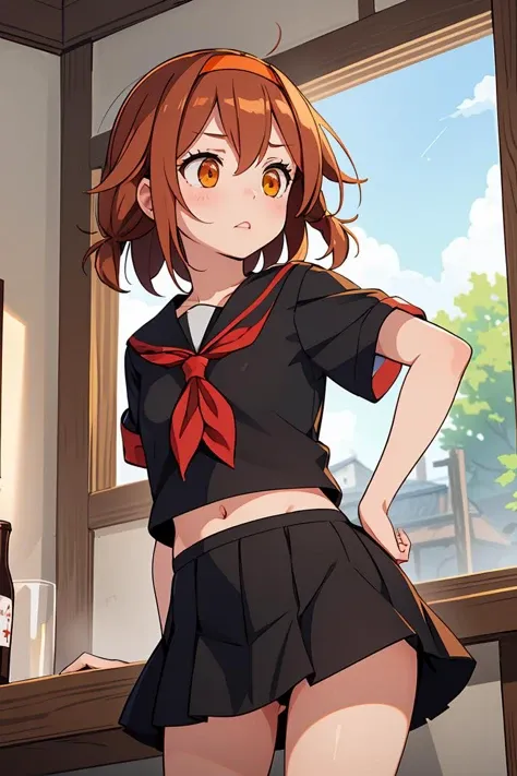 (masterpiece, best quality), 1girl, <lora:kancolle_shiratsuyu-10:1> shiratsuyu, orange hairband, black serafuku, red neckerchief, short sleeves, black skirt